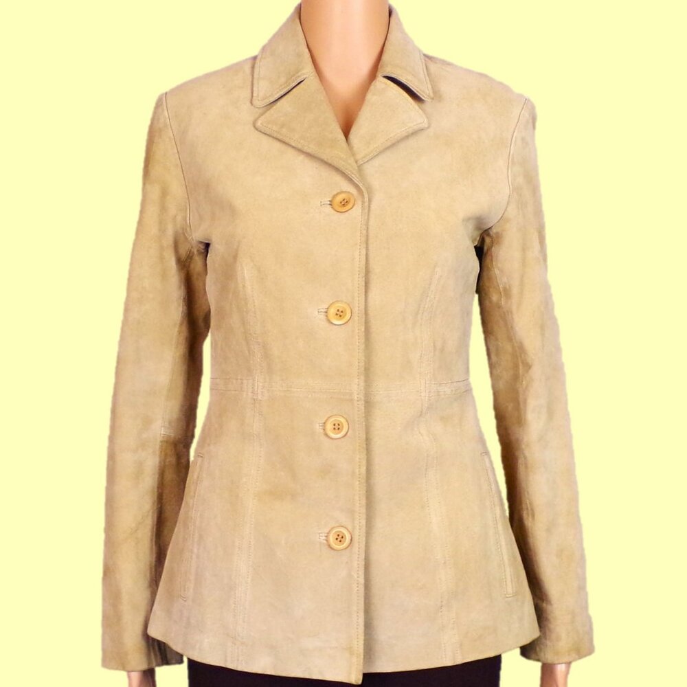 LEATHER! BLUE ASPHALT size S tan blazer 100% leather outer polyester lining